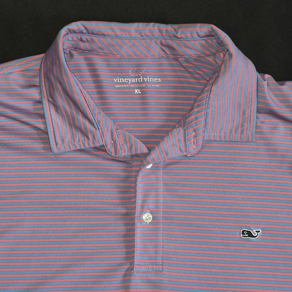 Vineyard Vines Performance Polo Short Sleeve Shirt XL Blue Pink Stripes Whale
